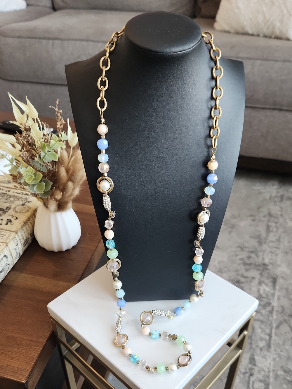 Gold-Tone Multicolor Beaded Layered Necklace, Blue & Mint Accents